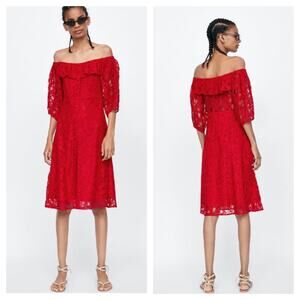 Zara Red Lace Off Shoulder Midi Dress Medium Puff Sleeve Button Front Vday